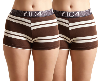 IC4 Women's Modal Elastane Stripe Fashion Boyshorts Combo Pack of 2, Brown